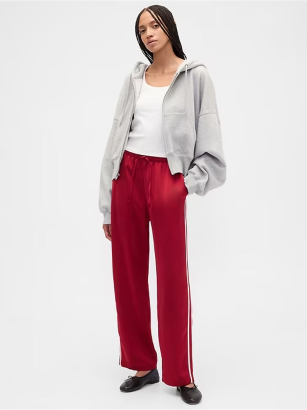 GAP Red Satin Wide-Leg Track Pants with Side Stripes TALL